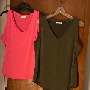 Women's V-Neck Tank Tops - Vibrant Pink and Olive Green
